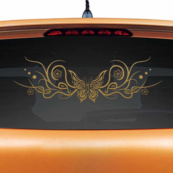 Flowery Butterfly Gold Rear Car Sticker