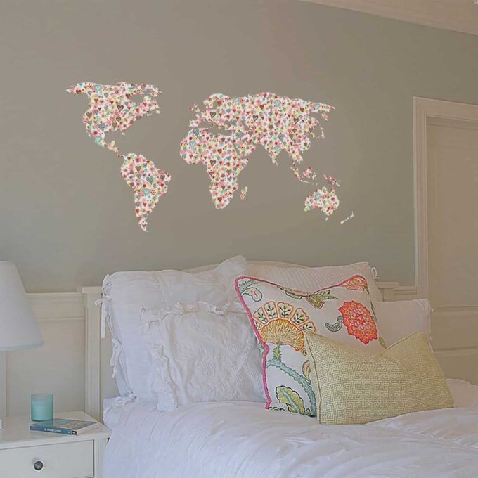 Flowers & Hearts Pattern World Map Kids room decal