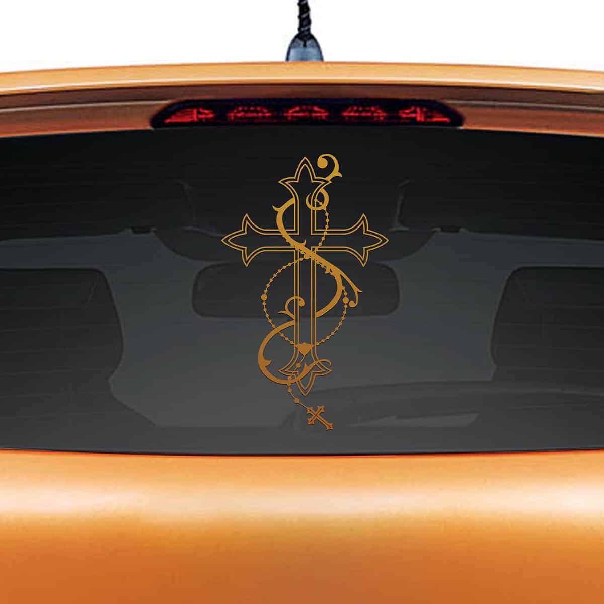 Cross and Rosery Car Rear Glass Sticker