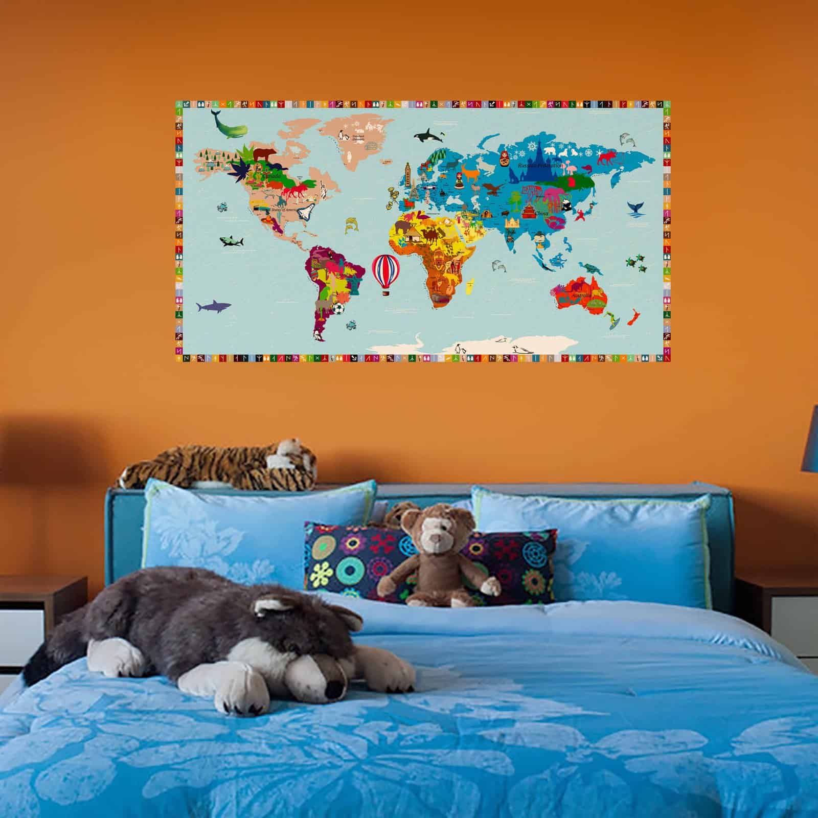 Illustrated World Map Poster for Kids Wall Sticker