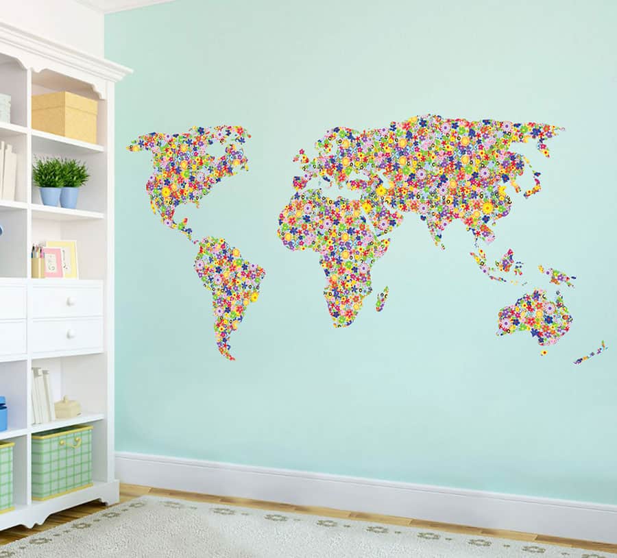 Flowers & Hearts Pattern World Map Wall Sticker