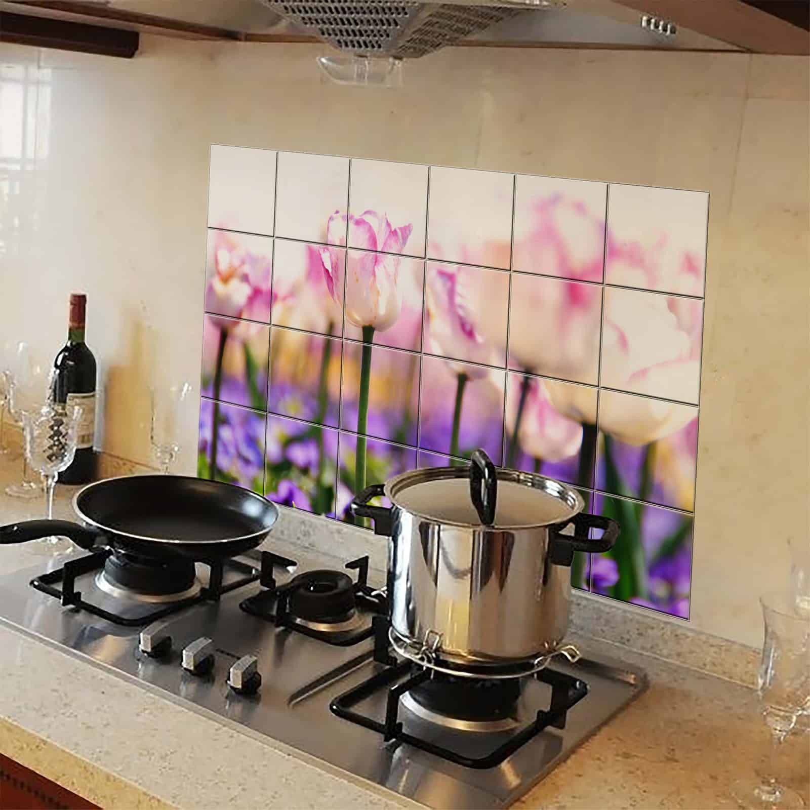 Kitchen Protection Anti-Mark Oil Proof Easy Clean Plastic Wall Stickers Pink Tulips