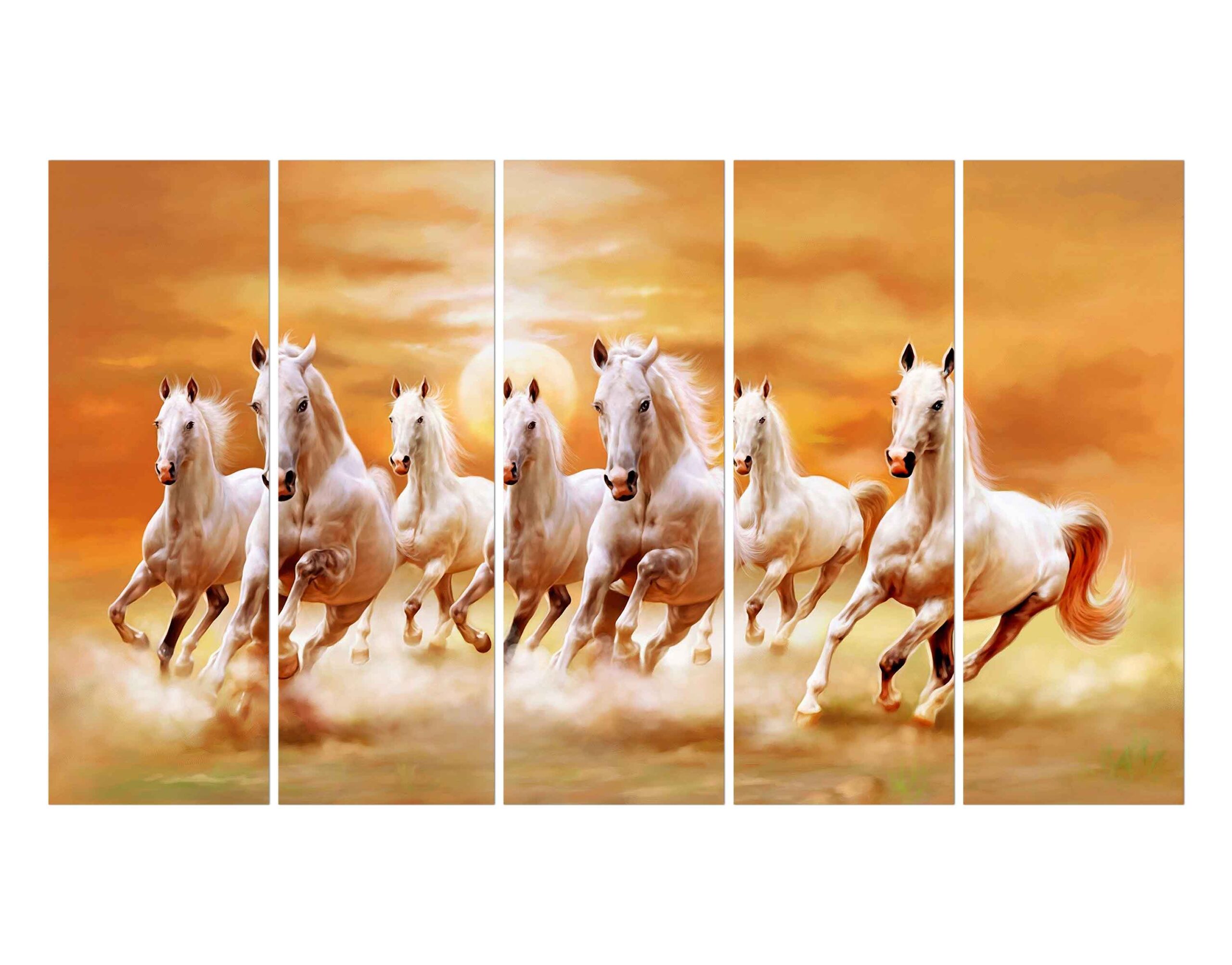 Seven Horse in Action with sun set background Wall Canvas Print