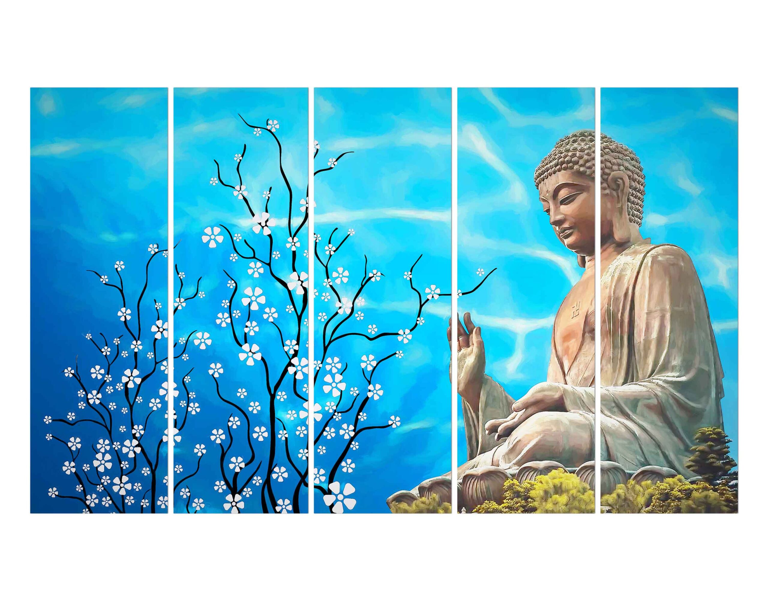 Big Tian Tan Buddha Shakyamuni Bronze Statue in Hong Kong with Painted Tree & Flowers on Blue Background Wall Art Painting