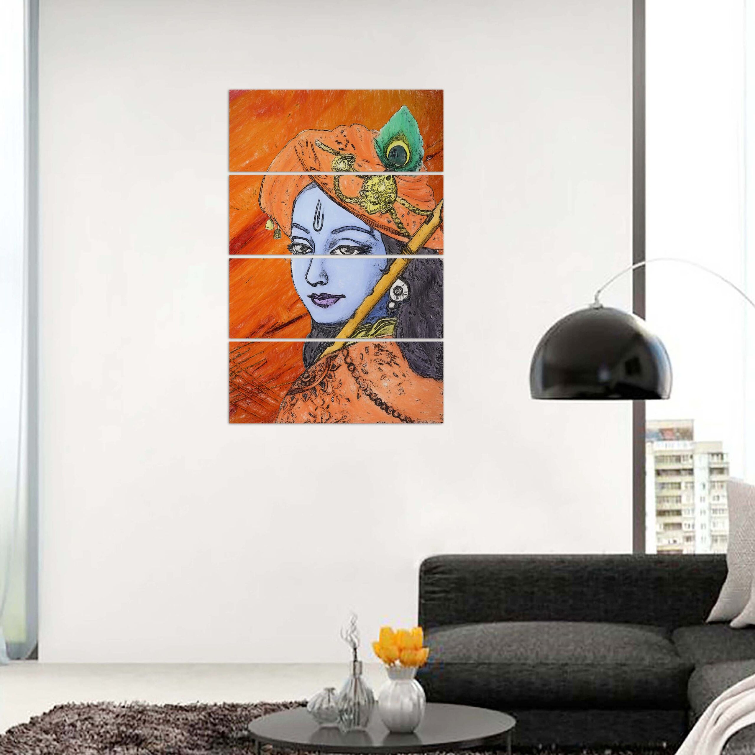 Lord Krishna with Flute on Orange Background Creative Graphic Art Wall Digital Print