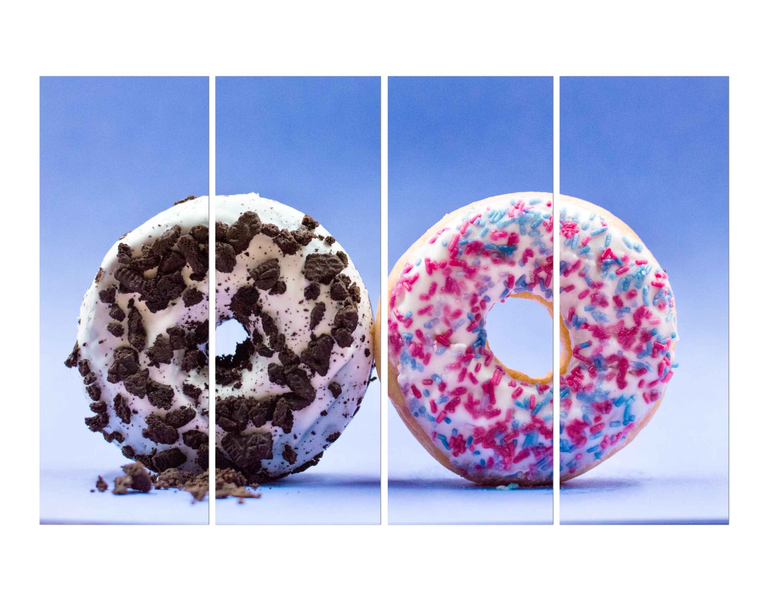 Two Donuts with Brown Pink & Blue Chocolate Spreaded Wall Wall Painting