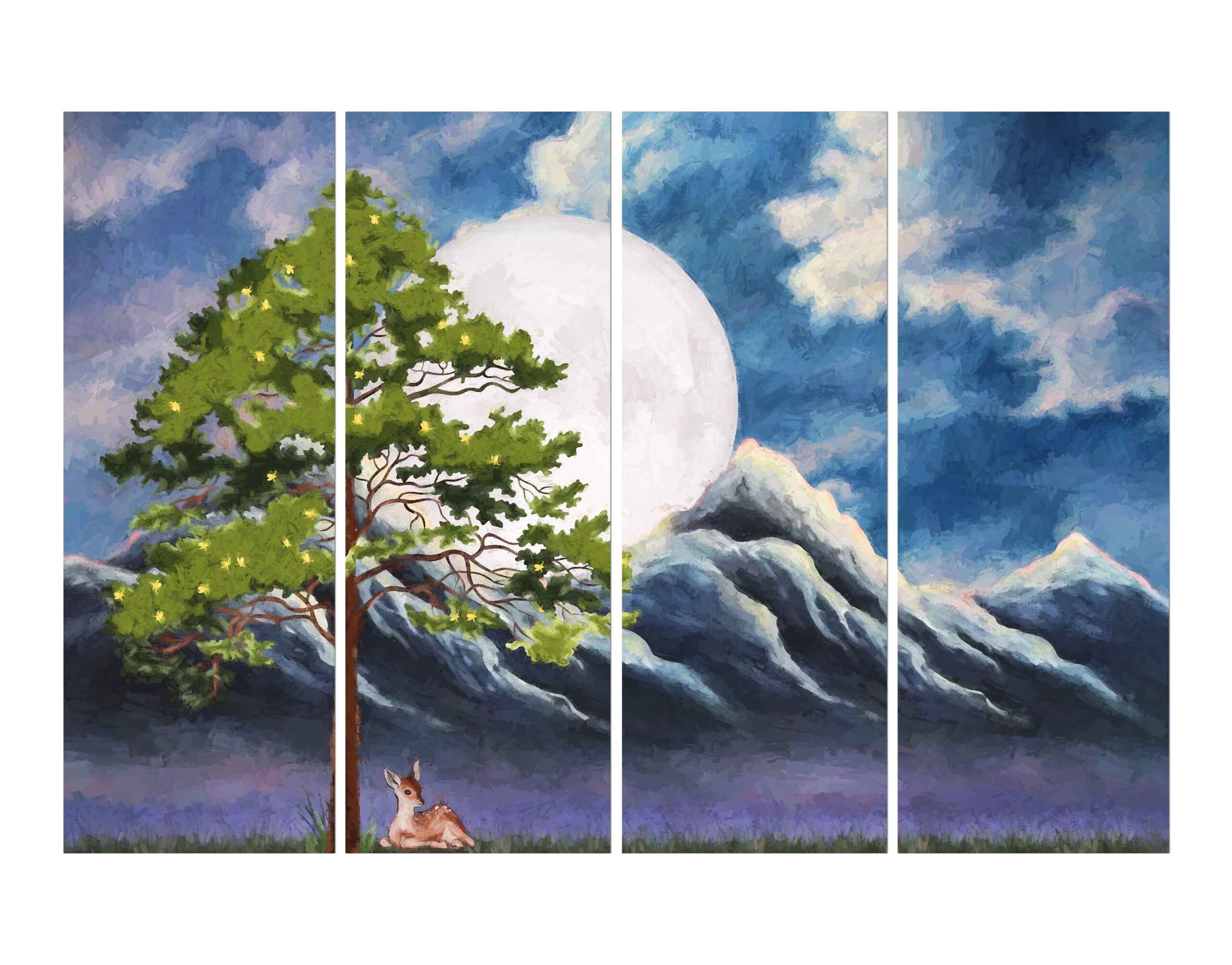 Tree with Summits & Cloudy Sun Wall Art Painting