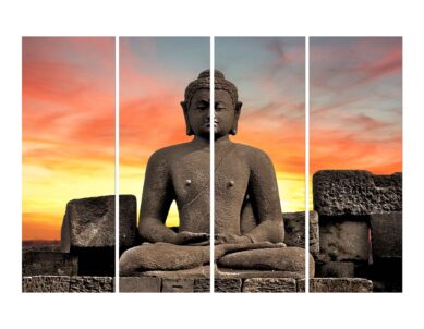 Peaceful Lord Goutam Buddha Stone Art with Sunset Wall Canvas Print